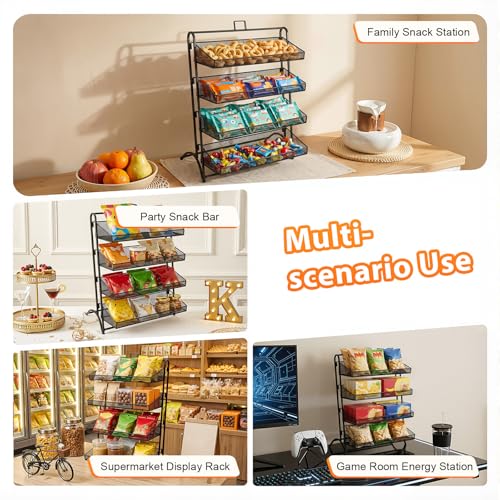 4-Tier Retail Candy Display Rack with Baskets, Metal Snack Organizer, Black, Iron, Modern, 16.14 x 9.84 x 20.27 inches, Countertop, Stable Structure, Retail Store Display