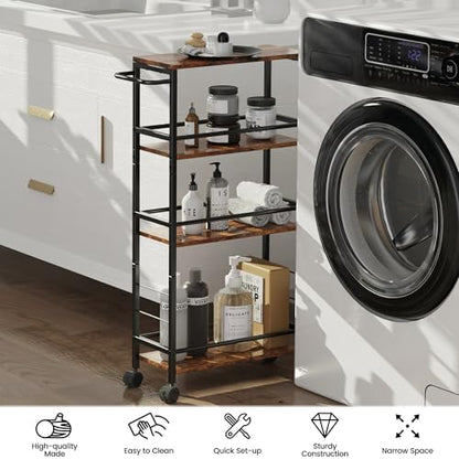 Narrow Storage Cart with Wheels, 4-Tier Narrow Kitchen Carts Slim Rolling Cart, Skinny Storage Cart, Snack Cart Slim Laundry Carts with Handle for Livingroom, Diningroom, Office（Rustic Brown, Black） - size: 7.3"D x 16.7"W x 34.3"H