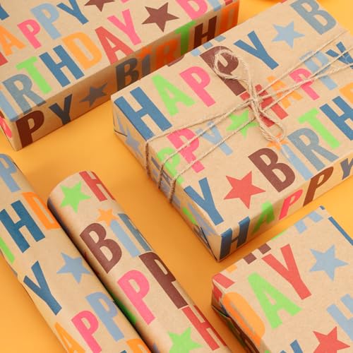 LaRibbons Birthday Wrapping Paper Mini Roll, Kraft Happy Birthday Text - color: Kraft Birthday, size: 17 Inch X 16 Feet