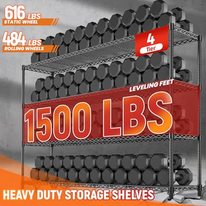 60" W Storage Shelves Wire Shelving withWheels, Heavy Duty Metal Garage Shelving,Adjustable Wire Rack with Liners, Fits 27-Gallon Totes, for Commercial & Warehouse,60" Wx 18" Dx63.78 H - size: 60" W x 18" D x 63.78" H-4 Tier