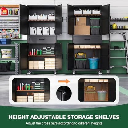 Letaya Metal Garage Storage Cabinets with Wheels,Black Rolling Tool Cabinet - color: Black, size: 15.7” D x 32” W x 73” H
