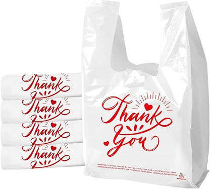 300 Pack Upgraded White Thank You T-Shirt Bags - 11.5"x6.5"x21" Reusable Grocery Bags with Handles, Eco-Friendly Retail Packaging for Supermarket & Small Business