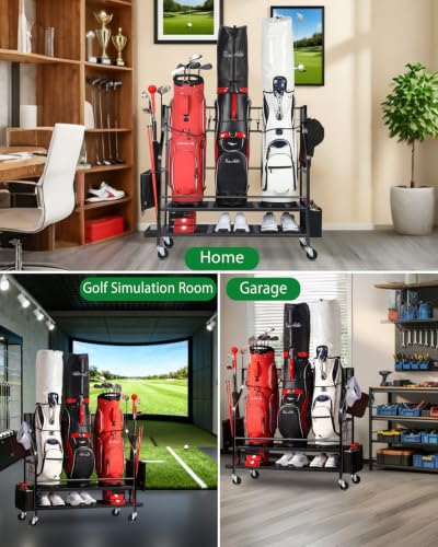 FHXZH Golf Bag Storage Garage Organizer - Golf Bag Stand with Wheels - color: Black - 3 Golf Bag Organizer