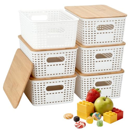 Stackable Storage Bins with Bamboo Lids, 6-Pack, BPA-Free Plastic, 5.1 Qt Capacity, Side Handle, 10x7.2x4.13 Inch, for Home Organization