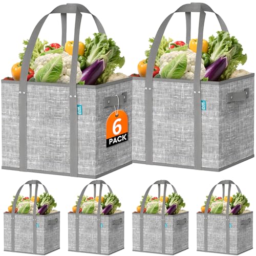 Fab totes Reusable Grocery Bags, Large Foldable Shopping Tote Bags with Reinforced Handles & Hard Bottom,6 Pack, Grey - color: Grey, size: 6 PCS