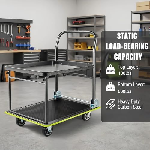 2 Tier Foldable Flatbed Cart, Push Cart Dolly, Removable Top Shelf
