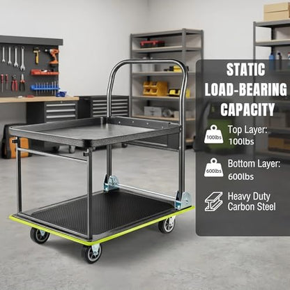 2 Tier Foldable Flatbed Cart, Push Cart Dolly, Removable Top Shelf
