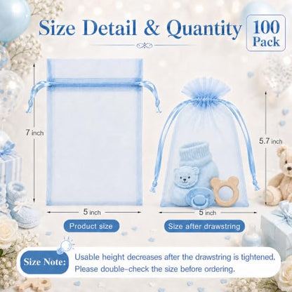 Jexila 100 PCS Light Blue Organza Gift Bags 5X7 Baby Shower Party Favor Bag - color: Baby Blue