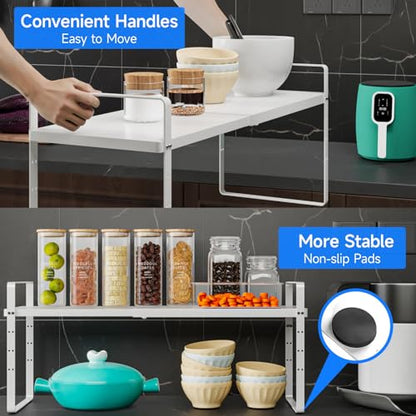 Expandable Cabinet Shelf Organizer, Stackable Kitchen Pantry Counter Storage, Adjustable Closet Cupboard Stand Rack Risers Spice Organization 80LBS Heavy Duty White Large 1 Pack - color: White Large