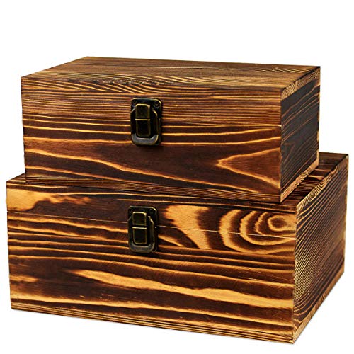 Wood Boxes Wooden Storage Box Treasure Chest Memory Hobby Preservation Rustic Decorative Archival Organizer with Latch Lock for Jewelry Keepsake Gadget Trinkets Letter Cash Tea Photo 2 Pack - color: Fire Smokey Color Large + Small, size: Latch Design