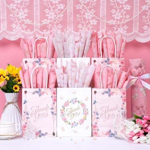 Larcenciel Pink Tissue Paper for Packaging, Bow Balloon Gift Wrap Tissue Paper for Gift Bags, Boxes & Crafts, Pretty Packing Supplies for Birthday, Wedding, Anniversary, Holiday, 60 Sheets 20x14in - color: Pink Bow