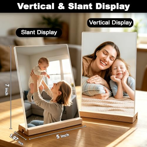 Daletu Acrylic Sign Holder 5x7 with Wood Base | 3 Packs Acrylic Tabletop Display Stand, 2 in 1 Vertical or Slant Clear Plastic Sign Frame Holder for Flyer, Menu, Retail, Buffet, Vendor, Wedding, Party - size: 3PCS (5"x7")