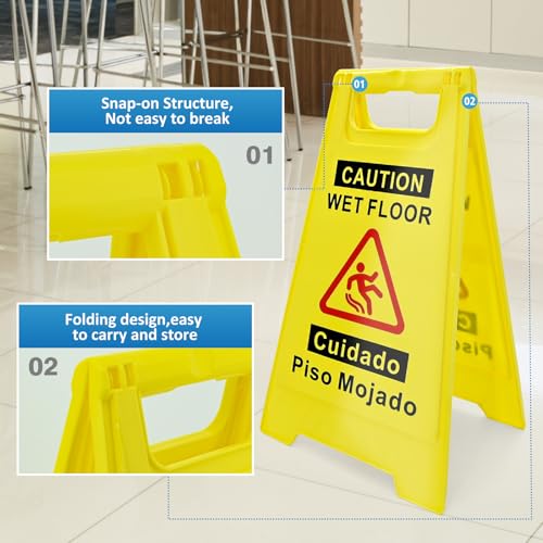 2 Pack Caution Wet Floor Sign, 17.5" Height, Bright Yellow, Double-Sided A-Frame Safety Caution Sign Commercial, Bilingual Caution Message