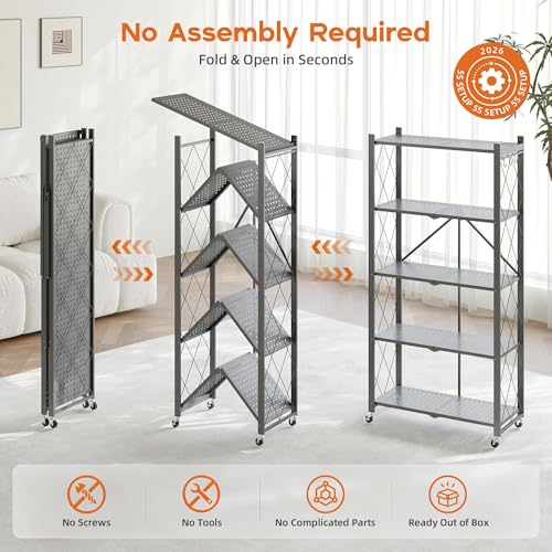 Fenbeli 5-Tier Folding Metal Storage Shelves with Wheels, 750 lb Capacity - color: Grey, size: 5 Tier