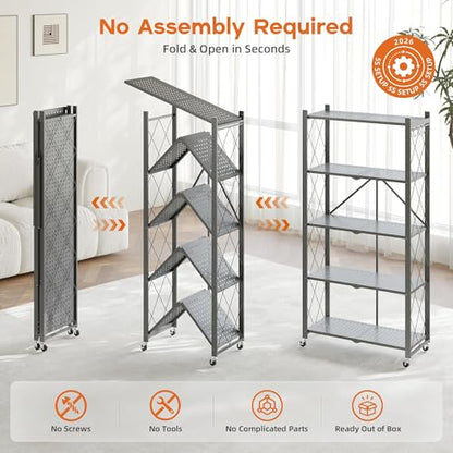 Fenbeli 5-Tier Folding Metal Storage Shelves with Wheels, 750 lb Capacity - color: Grey, size: 5 Tier