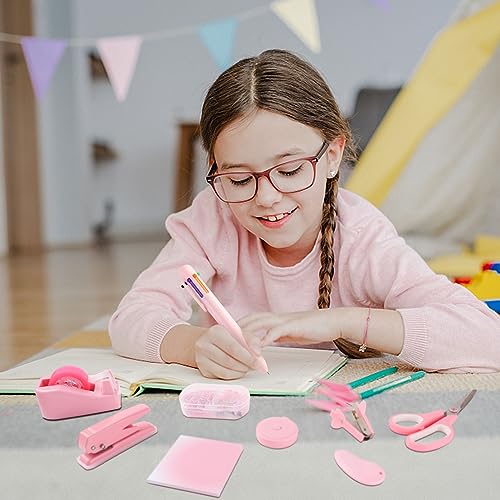 Pink Desk Accessory Kit Cute Office Supplies Set Desktop Stapler Set Includes Staple Remover Hole Punch Tape Dispenser Ballpoint Pen Scissor Mini Box Cutter Tape Measure Paper Clips Sticky Notes - color: Pink