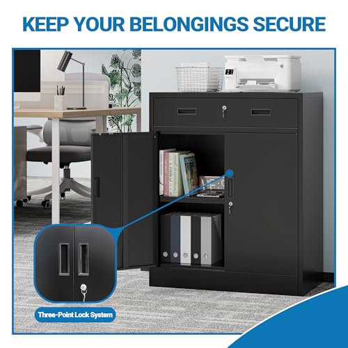 Metal Storage Cabinet, 36" Locking Cabinet with 1 Drawer & Shelves - color: Black, size: 36"H×28"W×16"D-1Drawer