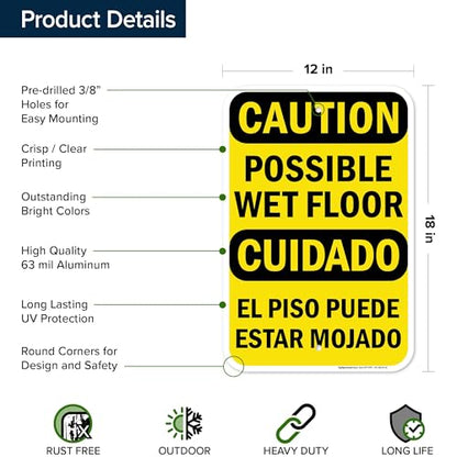 Caution Possible Wet Floor Bilingual Sign, 12x18 Inches, Rust Free .063 Aluminum, Fade Resistant, Made in USA by My Sign Center - size: 12x18 Aluminum