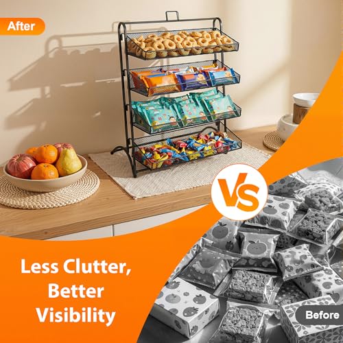 4-Tier Retail Candy Display Rack with Baskets, Metal Snack Organizer, Black, Iron, Modern, 16.14 x 9.84 x 20.27 inches, Countertop, Stable Structure, Retail Store Display