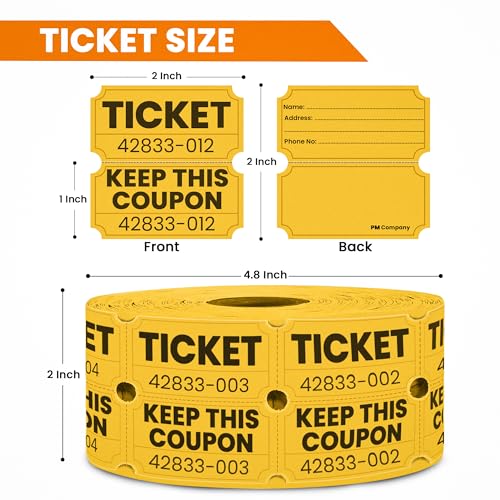 PM Company 2000 Pcs (1000 Pairs) Raffle Tickets Double Roll, 50/50 Yellow - color: Yellow