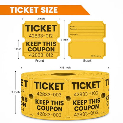 PM Company 2000 Pcs (1000 Pairs) Raffle Tickets Double Roll, 50/50 Yellow - color: Yellow