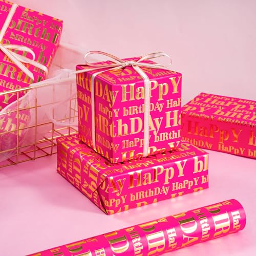 WRAPAHOLIC 3D Kraft Birthday Wrapping Paper Roll - Mini Roll - 17 Inch x 16.5 Feet - Gold and Hot Pink Happy Birthday Wrapping Paper with Embossed Perfect for Girls Women, Holiday, Party - color: Hot Pink & Gold Happy Birthday, size: 17 inch x 16.5 feet