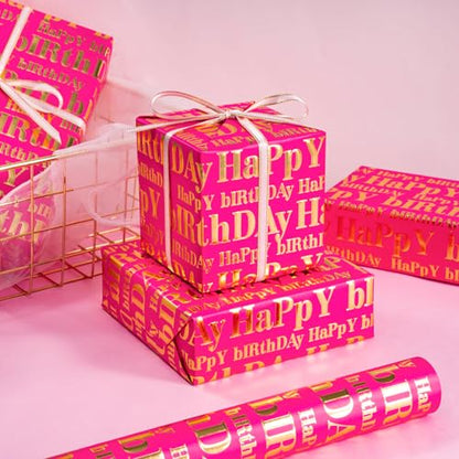 WRAPAHOLIC 3D Kraft Birthday Wrapping Paper Roll - Mini Roll - 17 Inch x 16.5 Feet - Gold and Hot Pink Happy Birthday Wrapping Paper with Embossed Perfect for Girls Women, Holiday, Party - color: Hot Pink & Gold Happy Birthday, size: 17 inch x 16.5 feet