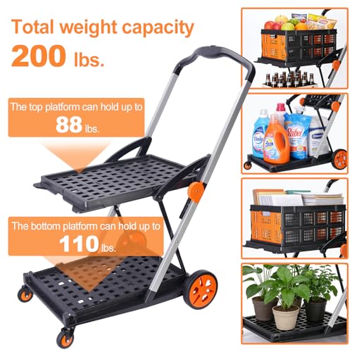 Collapsible Shopping Cart w/h 2 Storage Crates & 2 Tie-Down Straps, 200-Pound Capacity Wheeled Grocery Cart, Platform Hand Truck with Foot Brake, Mobile Folding Trolley - Bright Orange