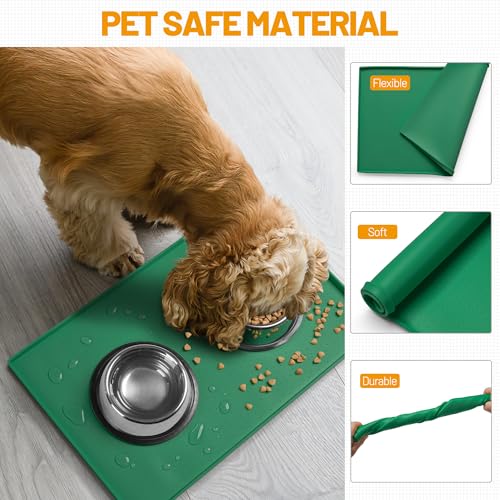 Hubulk Dog Feeding Mat,100% Waterproof Food Grade Silicone Pet Food and Water Bowl Placemat,Dishwasher, High Raised Edge to Prevent Spills,Nonslip Tray to Stop Messes on Floor(19"x12"x0.5",Hunter - color: Hunter green, size: 19"l X 12"w