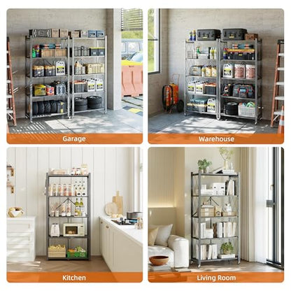 Fenbeli 5-Tier Folding Metal Storage Shelves with Wheels, 750 lb Capacity - color: Grey, size: 5 Tier
