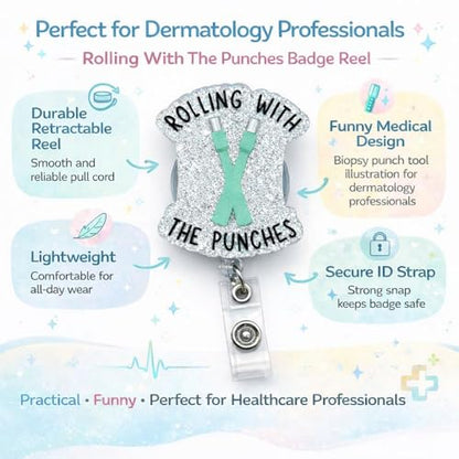 Rolling with The Punches Badge Reel Funny Humor Derm Dermatology Work ID Name Holder with Retractable Clip Appreciation Gift for Dermatologist Esthetician Dermatome Cardiology Physical Therapists - style: Rolling with the Punches