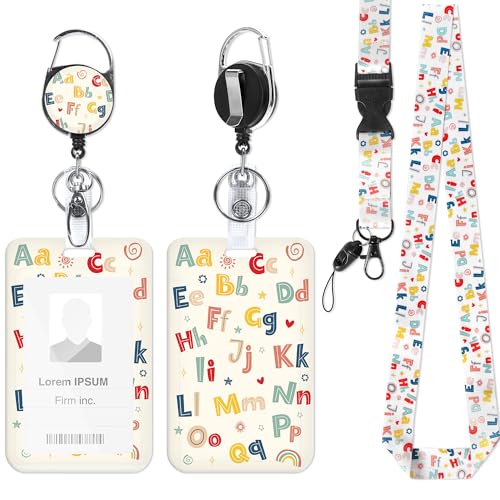 Teacher Lanyard with ID Holder, Colorful Alphabet Badge Holder with Retractable Reel Clip and Breakaway Lanyard, Gifts for Teachers - color: Colorful Alphabet-056
