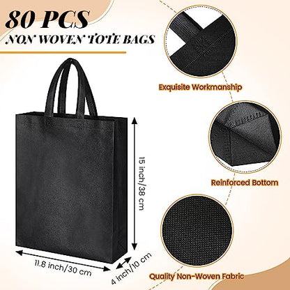Amylove 80 Pcs Non Woven Tote Bags Bulk Large Reusable Gift Bag Reusable Grocery Bags, 15 x 11. 8 x 4 Inches - color: Black