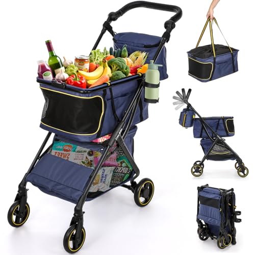 Dyna-Living Folding Shopping Cart for Groceries 70LBS Personal Grocery Cart - color: Navy Blue