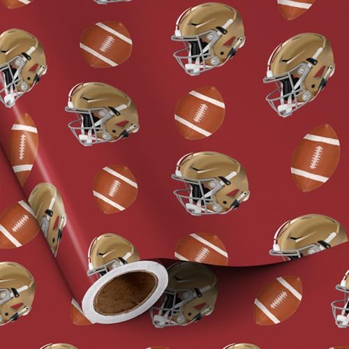 RUSPEPA 49ers American Football Wrapping Paper Roll for Men Boys, Mini Roll, Red Helmet and Rugby Ball Pattern, Sports Gift Wrap for Birthday, Super Bowl Party, Father's Day, 17 Inches x 16.4 Feet - color: Rugby