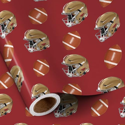 RUSPEPA 49ers American Football Wrapping Paper Roll for Men Boys, Mini Roll, Red Helmet and Rugby Ball Pattern, Sports Gift Wrap for Birthday, Super Bowl Party, Father's Day, 17 Inches x 16.4 Feet - color: Rugby