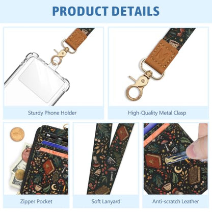 Piefly Book Mushroom Lanyard Wallet ID Badge Holder, Small RFID Keychain - color: Botanical Magical Book