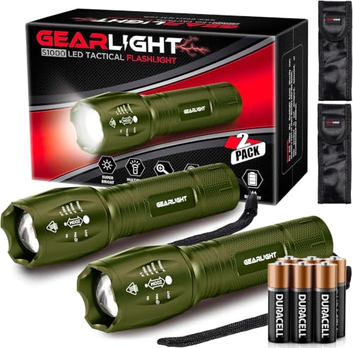 GearLight LED Flashlight High Lumens, Mini Tactical LED Flashlight 2 Pack, 5 Modes Zoomable Beam, Battery Powered for Camping, Hunting, Home & Emergency, Compact Small LED Flashlight (Army Green) - color: Army Green (2 Pck)