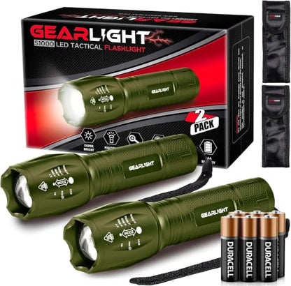 GearLight LED Flashlight High Lumens, Mini Tactical LED Flashlight 2 Pack, 5 Modes Zoomable Beam, Battery Powered for Camping, Hunting, Home & Emergency, Compact Small LED Flashlight (Army Green) - color: Army Green (2 Pck)