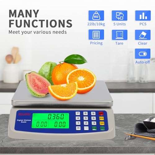 Large Digital Kitchen Scale 22LB Commercial Scale for Food Baking Bread Cooking Meat,Stainless Steel Price Computing Scale with LCD Display,Prep Counting Scale for Parts and Coins,Adapter Included - color: milky