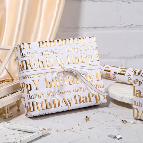 WRAPAHOLIC 30 Inch 3D Kraft Birthday Wrapping Paper Roll - 30 Inch x 16.5 Feet - Gold and White Happy Birthday Wrapping Paper with Embossed Perfect for Holiday, Party Celebration - color: White & Gold Happy Birthday, size: 30 inch x 16.5 feet