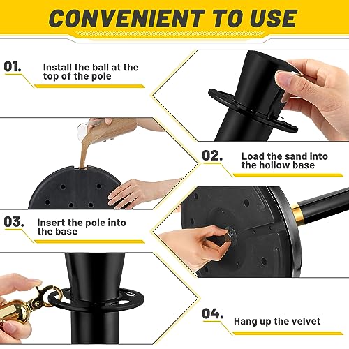Wesiti 6 Pcs Stainless Steel Stanchion Post Queue with Crown Top 5 ft and 3 Pcs Velvet Rope and Poles Crowd Control Barriers Sand Injection Hollow Base and Velvet Ropes Set for Party (Black) - color: Black