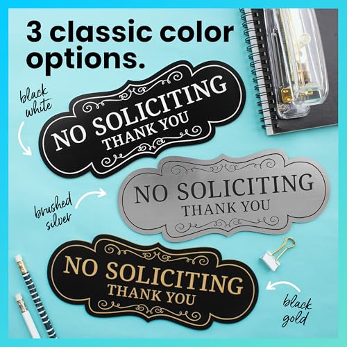 ExcelMark Premium No Soliciting Sign for House - Made in the USA (Small - 2"x 5", Brushed Silver with Black Letters) - color: Silver/Black Designer, size: Small