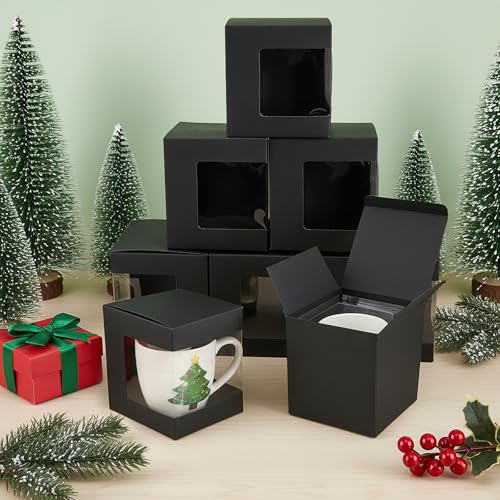 AVLA 50 Pack Mug Boxes for Gifts, Black Sublimation Mugs Packaging Box, 11oz 12oz 15oz Coffee Mugs Boxes with Window for Wrapping Birthdays Wedding Anniversaries Christmas