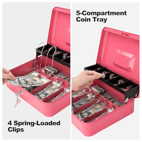 Cash Box with Key Lock & Foam Auto-Pop Coin Tray – Secure Steel Money Box with 4 Upgraded Finger-Safe Bill Clips, Premium Smooth Scratch-Resistant Coating, 11.8"L x 9.5"W x 3.5"H, KL Hot Pink - color: KL Hot Pink