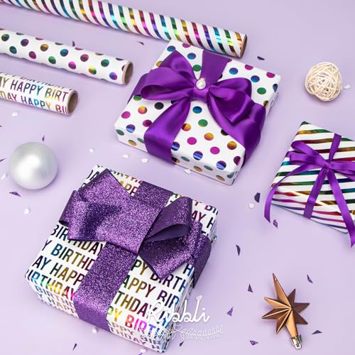 Ribbli Birthday Wrapping Paper Iridescent Gift Wrapping Paper Mini Roll, 3 Rolls Happy Birthday Polka Dots Stripes Printed Assortment - 17 inch x 120 inch(10feet) Per Roll - color: Iridescent