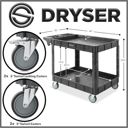 Dryser Utility Cart with Wheels, 46" x 25" Heavy Duty 550 lb. Capacity with Shelves - 2 Tier Rolling Cart with Four 5" Swivel Casters for Warehouse, Garage, Cleaning - size: 2 Shelves 4 Swivel 46x25