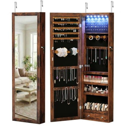 DUMOS 6 LEDs Mirror Jewelry Organizer Cabinet, Jewelry Armoire, 47.2 Inch - color: Rustic Brown