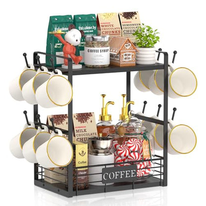 EsLuker.ly Coffee Mug Cup Holder Tree Bar Station Organizer, 2 Tier Black - color: Black + Black