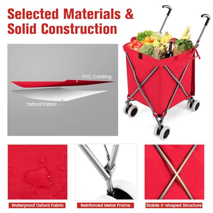 GOFLAME Folding Shopping Cart on Wheels, Waterproof Grocery Cart with Removable Cover and 360° Swiveling Wheels, Collapsible Utility Cart for Groceries and Laundry, 120LBS Load Capacity, Red - color: Red
